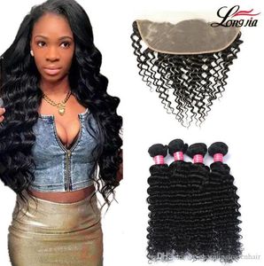 Deep Wave Human Hair with Frontal 13x4 Human Curly Bunds With Frontal Stängning Peruansk Deep Wave Frontal Human Hair 34 Bundles5661078