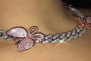 Glamande rosa kubansk länkfjäril choker halsband kedja kristall strass chokers halsband för kvinnor guld krage hela cx2007243735592