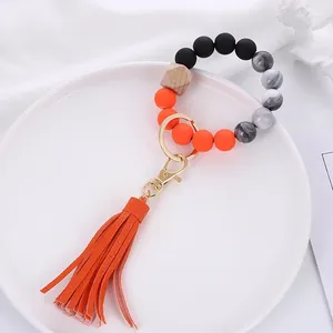 Charm Bracelets Acrylic Bead Bracelet Wooden Keychain Vintage Leather PU Tassel Anti-lost Key Ring Wholesale