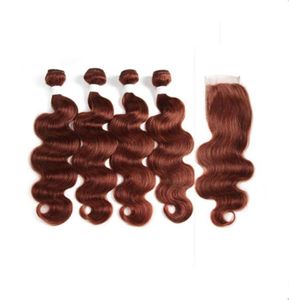 Dark Auburn Virgin Human Hair Weaves With Stängning 33 Copper Red Brasilian Human Hair Bundles handlar Body Wave med spetsstängning 4x23081528