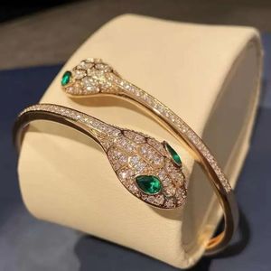 2024Bulgarilies Armband Designer Kvinnor Toppkvalitet Full Diamond Snake Ring Women's Green Eyed Snake Head Double Head Snake Armband med justerbar öppningQ3