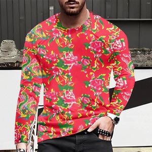 Men's T Shirts Spring Floral T-Shirt Big Flower Ethnic Style Tees Tops Chinese Traditional Fashion Long Sleeve Harajuku Casual Shirt