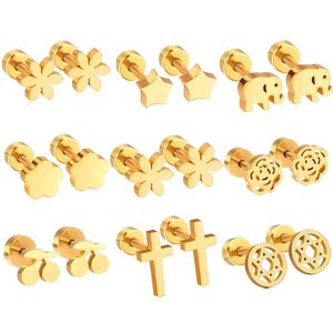 14k Yellow Gold Cute Animals Elephant Cross Flower Stud Earrings For Women Girls Anti-allergy Screw-back 2024 Trending