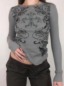 女性用Tシャツレトロフェアコアグランジグラフィックティーカジュアルハラジュクラインストーングレー衣装長袖Y2Kベーシックトップスニット