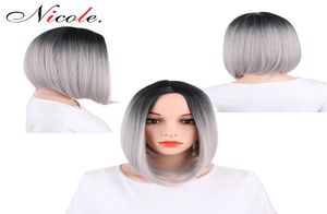 12 Quot Bob Wigs Full Head Short Straight Synthetic Wigs for Omber BlackからGray Natural Looking耐熱ウィッグ8367181