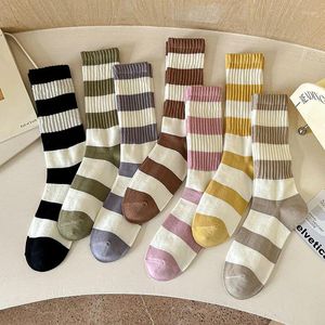 Kvinnors strumpor Kvinnors medeltida vinter randiga andningsbara Casual Cotton Stockings Benlös vår Autumn Bekväm kvinna