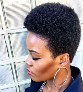 Kort afro kinky curl glueless pixiecut hår peruk ingen spets naturligt brasilianskt människoleger hår peruk9014636