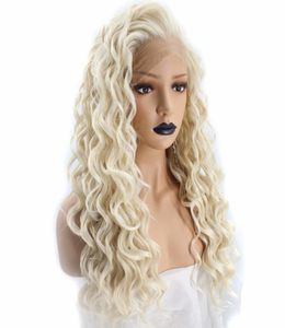 Kinky curly platinum blond spets front peruk syntetiskt hår långa spiral curls naturliga hårfäste syntetiska spetsfronten för vita wo4957545