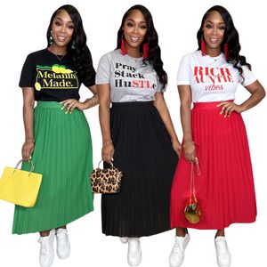 Moda feminina casual padrão manga curta e saia plissada conjunto praia saia longa vermelho verde preto saia frete grátis