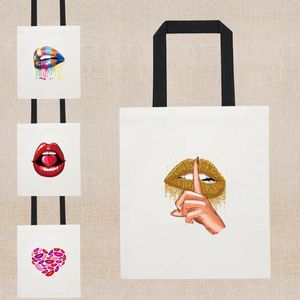 Shopping Bags Bag Golden Lips Printing Tote Fashion Harajuku Handbags Kawaii Cloth Foldable Canvas Shoulder Shopper Women