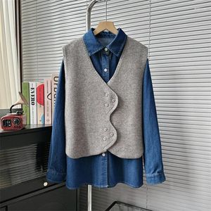 Frauen Blusen SuperAen 2024 Herbst Winter Gestrickte Weste Denim Hemd Zwei Stück Set Lose Mode Lässig Pullover