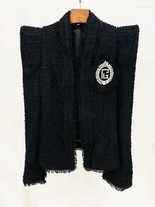 Casacos femininos preto tweed jaqueta feminina 2024 outono inverno moda personalizado ombro encolhida cravejado contas casaco blazer