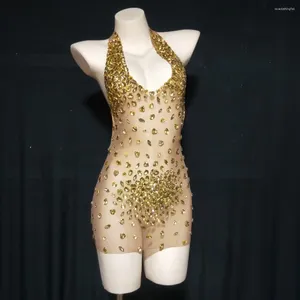 Palco desgaste sexy halter cinto com decote em v mulheres brilhando cristal strass vestido sem costas perspectiva pólo dança baile traje bar dj veste