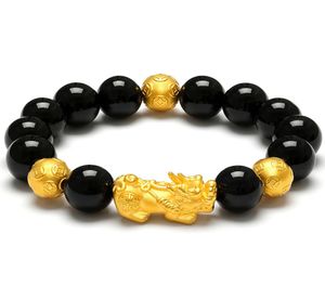 Vietnam Gold Plated 3D Wealth Pixiu Charm Black Obsidian Beads Bracelet Chinese Feng Shui Animal Amulet Jewelry8166977