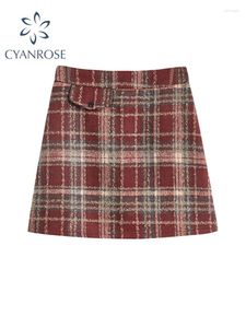 Skirts Women's Christmas Red Plaid Skirt Korean Vintage A-Line Mini Harajuku Y2k 90s Kawaii Emo 2000s Clothes 2024