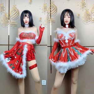 ステージウェアクリスマスパーティーレッドファードレスセット女性祝祭フェスティバル衣装ジャズゴーゴーダンサーコスチュームDJパフォーマンスXS7333