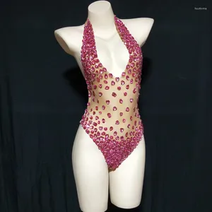 Sahne Giyim Seksi Kırmızı Siyah Pembe Rhinestones Şeffaf Leotard Dance Costume Dancer Sırtsız Kıyafet Akşam Birlikte Kutlama Bodysuit