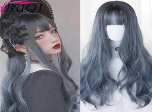 BUQI Omber Wigs Long 28inches Dark Blue Water Wave Bangs Heat Resistant Hair For Women Cosplay Party Prom Lolita Halloween7579376