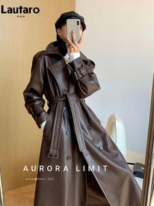 Lautaro Spring Autumn Long Loose Brown Pu Leather Trench Coat for Women Belt Double Breasted American and European Fashion 240119