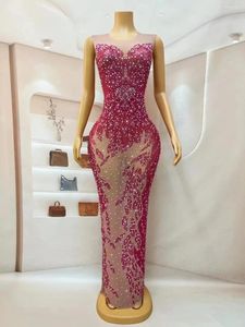 Stage Wear Sexy Pink Rhinestones Nude Transparent Sleeveless Dress Birthday Evening Club Celebrate Crystals Dance Po Shoot Costume