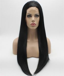 Iwona Hair Glatte lange schwarze Perücke 21 Halbhandgebundene hitzebeständige synthetische Lace-Front-Perücke1682091