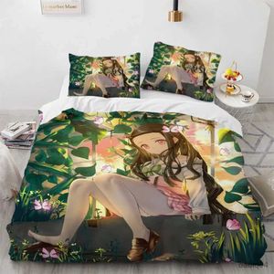 Sängkläder set heta kamado nezuko sängkläder set anime demon slayer sängäcke för tonåringar flickor tecknad tvilling singel drottning kung full täcke cover set