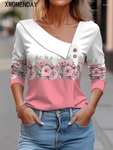 Kvinnors T -skjortor för kvinnor Fashion Long Sleeve Top White Floral Print och blusar Autumn Winter Clothes 2024