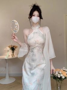 Chinese Style Hanfu Set Women Sleeveless Cheongsam Sexy Print Qipao Improved Chinese Dress Elegant Vestidos Vintage Costume 240131