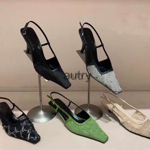 Scarpe eleganti Slingback Tacchi alti Scarpe stringate dal taglio basso Sandali Tacco medio Maglia nera con cristalli scintillanti Scarpe con stampa Cinturino alla caviglia in pelle di gomma Sandalo da donna AAA