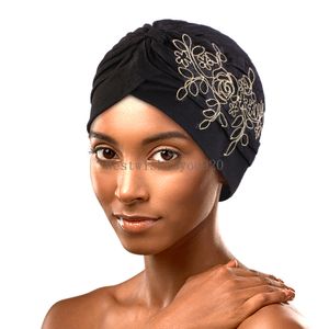 新しい女性スパンコールの花の装飾ターバンアフリカのヘッドティイスラム教徒のヘッドラップボンネットレディースヘッドウェアキャンサーハットインドキャップバンダナ