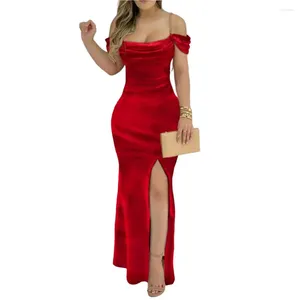 Casual Dresses Party Formal Dress Women Chain Straps Draped Short Sleeve Midje Tight Hip Wrap Off Axel Sling Split Hem Velvet Maxi