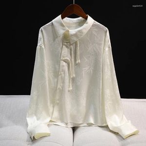 Женские блузки Limiguyue, жаккардовая блузка с диагональным воротником и цветочным принтом, мягкие атласные рубашки, женские лягушки, жемчужные пуговицы, кисточка, весна-лето, E397