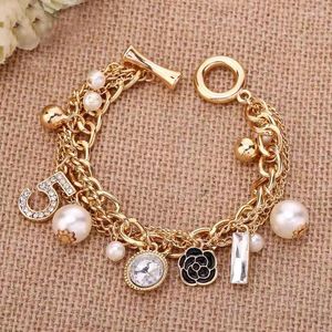 Charm Armband Camellia Armband For Women Gold Color Multilayer Pearl Number 5 Vintage Charms Bangles Luxury Jewelry Gift