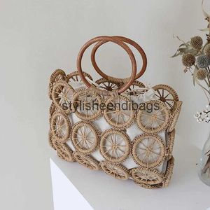 Totes vintage hollow straw bags for women designer wooden handle rope woven handbags rattan summer beach large tote lady bali pursesH24217