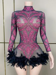 Scenkläder svart fjäder prom födelsedag transparent mesh elastisk bodysuit sångare sexig se genom showprestanda dräkt