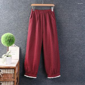 Spodnie damskie 2024 Spring Japan Style Mori Girl Botton Linen Elastyczna talia Polka Dot Print Harem Pant Women