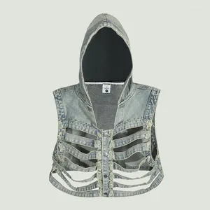 Men's Vests Streetwear Skeleton Hooded Denim Vest Mens Hip Hop Harajuku Cargo Sleeveless Coats Casual Loose Gothic Cowboy Jackets Unisex