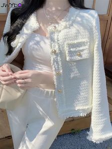 Tassel branco único breasted tweed casaco de lã casual oneck elegante jaqueta outwear outono coreano feminino em outerwears 240124