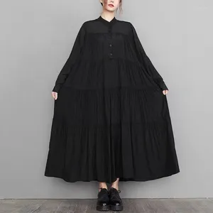 Casual Dresses Large Size Women Clothing 2024 Autumn Vintage Style Black Long Dress With Folded Loose A-Line Hem Shirt Robes Z2768