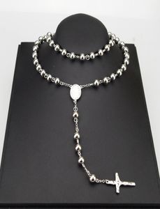 Amumiu 8mm Classic Silver Rosary Beads Chain Religious Katolsk rostfritt stålhalsband Kvinnors mäns grossist HZN0809647997