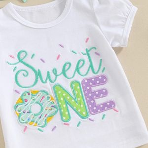 Set di abbigliamento Honganda Baby Girl Primo compleanno Outfit Sweet One T-shirt con ricamo Top Ciambella Pantaloni svasati con fascia Set di vestiti estivi