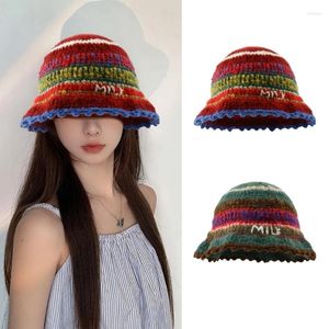 Berets Sweet Girls Crochet Stripe Pattern Bucket Hat Ladies Fisherman Cap Color Matching Woman Teens Trendy Winter Windproof