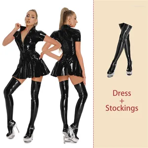 BHs Sets AIIOU Sexy Kurzarm Mini Flare Kleid und Strümpfe Frauen PU Leder Dessous Mode Pole Dance Raves Party Outfit 2024