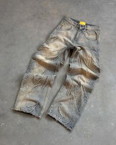 Мужские джинсы 2024, уличные ретро с необработанными краями, мешковатые брюки с вышивкой для мужчин, модные женские джинсовые брюки в стиле хип-хоп в стиле пэчворк с высокой талией Y2k