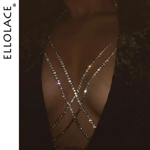 Ellolace Shining Rhinestones Krzyż klatki piersiowej Łańcuch ciała Boho Multi -Warstwy Łańcuch klatki piersiowej wiązka ciała biżuteria biżuteria kryształowa klatka piersiowa 240122