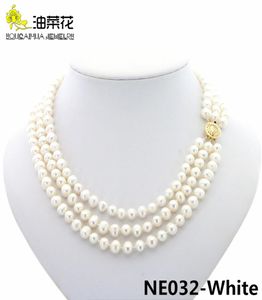 Fashion Charm 3Rows 78mm Natural White Akoya Odlade pärlor Halsband smycken Guldknapp Kvinna Wedding Christmas Gift AAA 17192007578