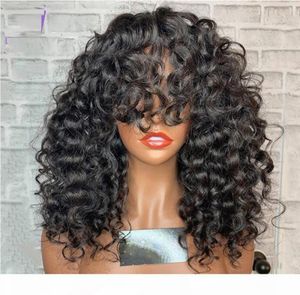 Afro Curly 55 Silk Top Spets Front Wig With Bang Pre Plucked Hairline Malaysian Human Hair Short Kinky Curly Spets Wig For Women2517088