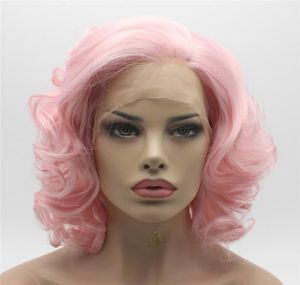 Iwona Hair Wavy Short Pink Wig 243100Bハーフハンド縛られた熱耐性合成レースフロントWIG6000912