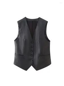 Women's Vests Women Black Faux Leather Vest 2024 Autumn Single Breasted Sleeveless Jacket Female Tank Tops