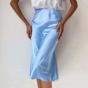 Skirts Mid-Length Casual Skirt Lady Dress Satin With Zipper Solid Color Smooth Women Washable Going Out Clothing High Waist